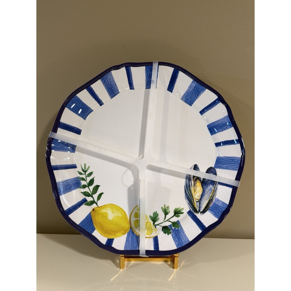 Sigrid Olsen LEMONS on Blue Stripes Dinner Plates 10 3/4"  Set of 4 Lemon Summer